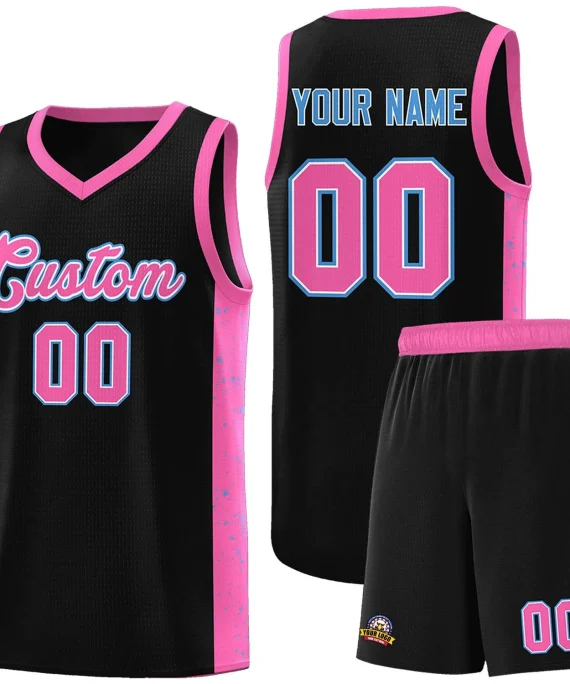 Custom Black Pink-White Side Splash Sports Uniform Basketball Jersey