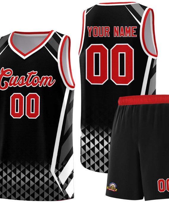 Custom Black Red Diamond Pattern Side Slash Sports Uniform Basketball Jersey