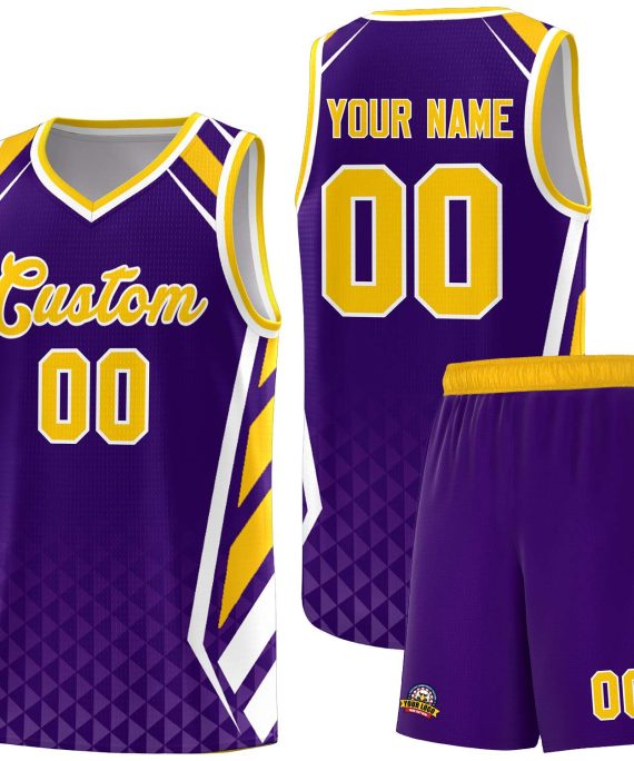 Custom Purple Gold Diamond Pattern Side Slash Sports Uniform Basketball Jersey