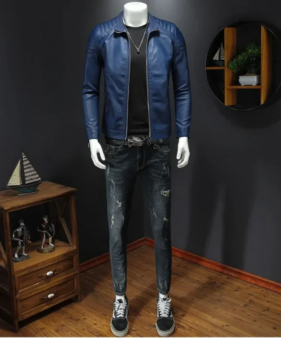 Slim Fit Motorcycle Jacket Men's Stand Collar Leather Coat Stylish Autumn Winter New Korean Version Attractive Men's Clothing