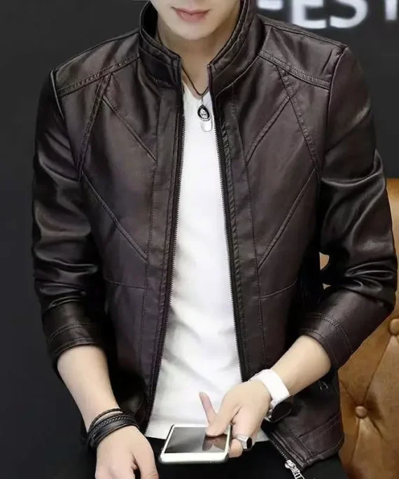 New Arrival Men's Slim Fit Korean Style Leather Jacket with Stand Up Collar Thin Autumn Lined Coat for Middle Aged Young Men